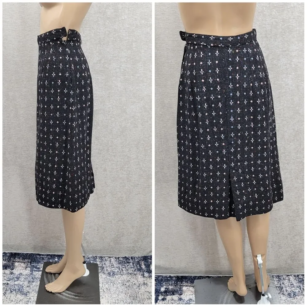 60s Vintage Handmade Tailored Wool Matching Skirt Suit Set Black with Pink Blue